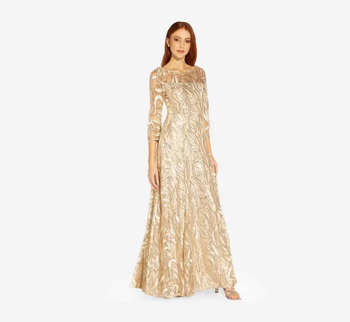 Long Dresses Womens Adrianna Papell Embroidered And HandSequined Illusion ALine Long Gown In Champagne Gold