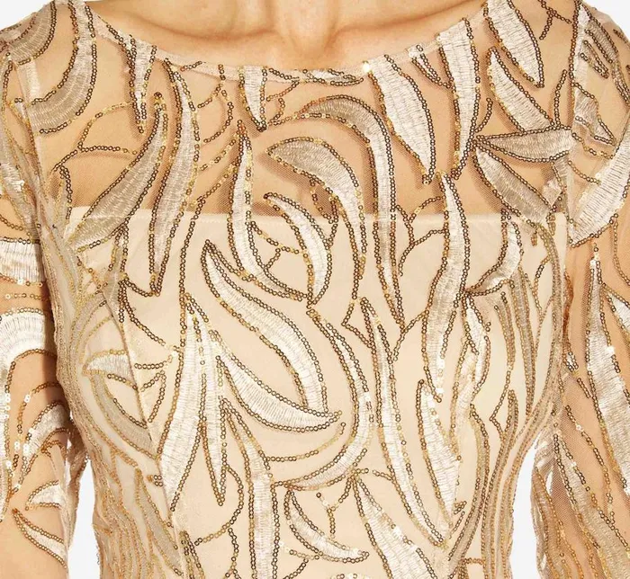 Long Dresses Womens Adrianna Papell Embroidered And HandSequined Illusion ALine Long Gown In Champagne Gold