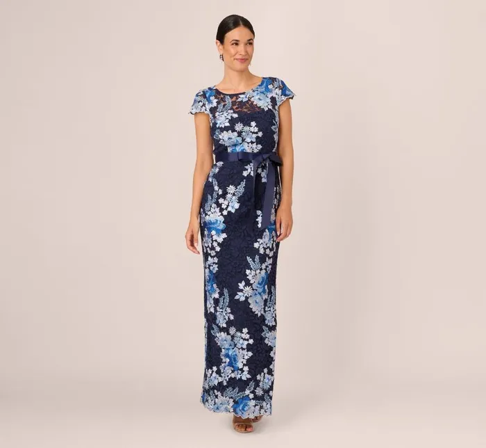 Long Dresses Womens Adrianna Papell Floral Embroidered Lace Gown In Navy Multi Long Dresses Womens Adrianna Papell Floral Embroidered Lace Gown In Navy Multi