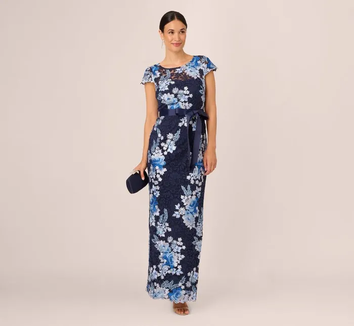 Long Dresses Womens Adrianna Papell Floral Embroidered Lace Gown In Navy Multi