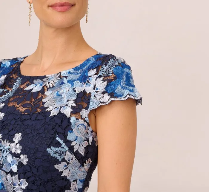 Long Dresses Womens Adrianna Papell Floral Embroidered Lace Gown In Navy Multi