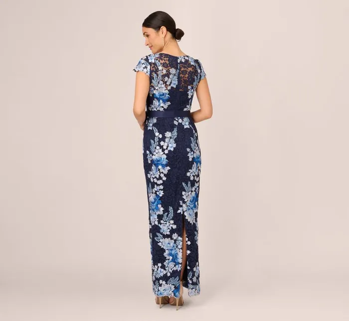 Long Dresses Womens Adrianna Papell Floral Embroidered Lace Gown In Navy Multi