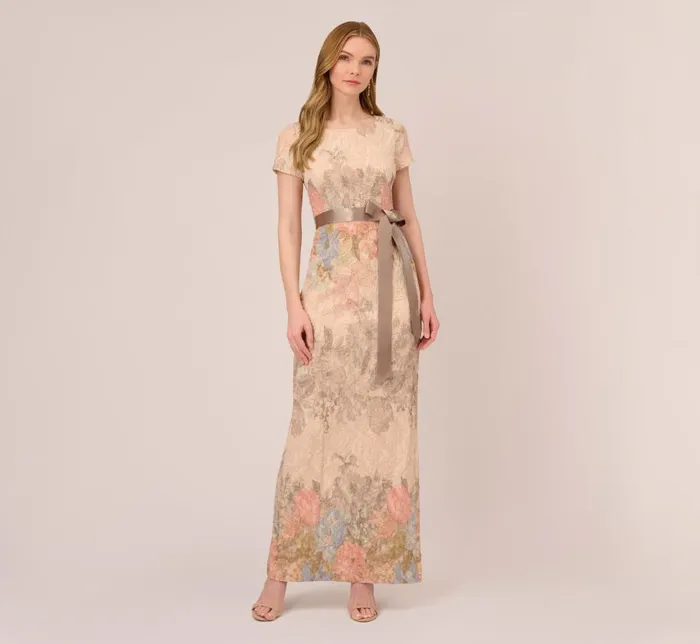 Long Dresses Womens Adrianna Papell Floral Matelasse Gown In Blush Multi