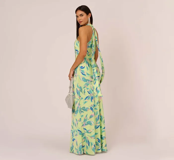 Long Dresses Womens Adrianna Papell Foliage Printed Satin Gown With Halter Neckline In Green Multi Long Dresses Womens Adrianna Papell Foliage Printed Satin Gown With Halter Neckline In Green Multi