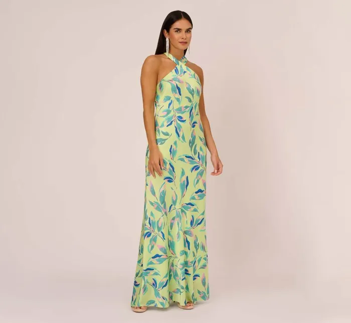 Long Dresses Womens Adrianna Papell Foliage Printed Satin Gown With Halter Neckline In Green Multi
