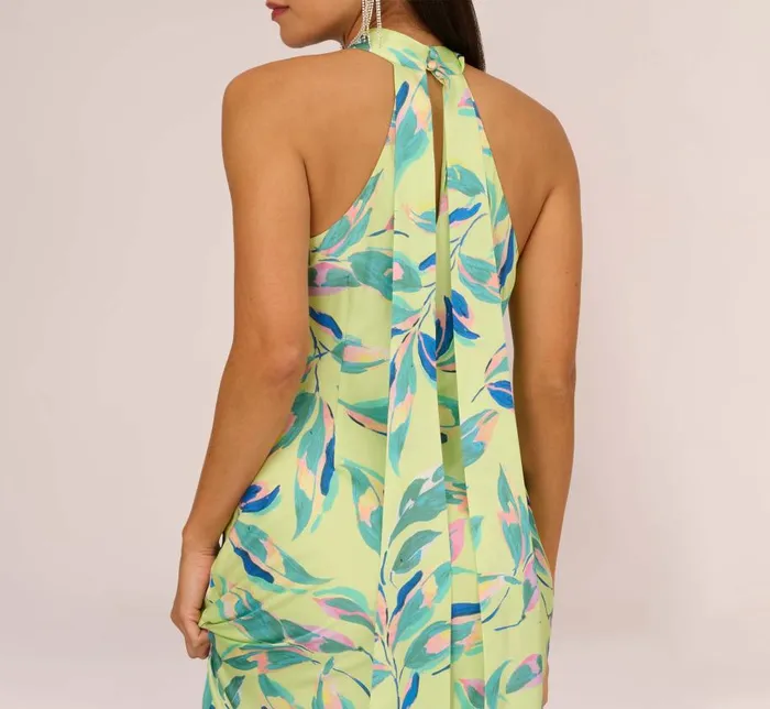 Long Dresses Womens Adrianna Papell Foliage Printed Satin Gown With Halter Neckline In Green Multi