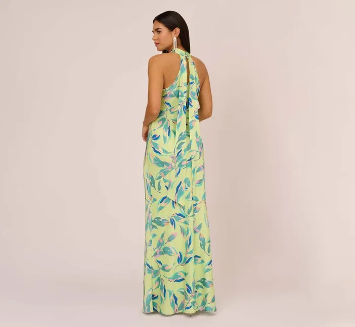 Long Dresses Womens Adrianna Papell Foliage Printed Satin Gown With Halter Neckline In Green Multi