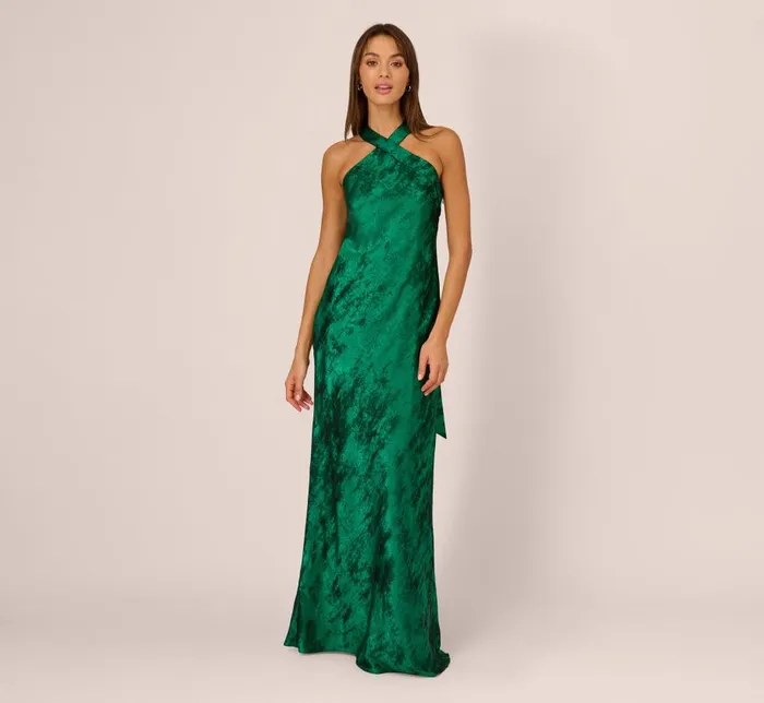 Long Dresses Womens Adrianna Papell Metallic Chiffon Halter Gown In Green
