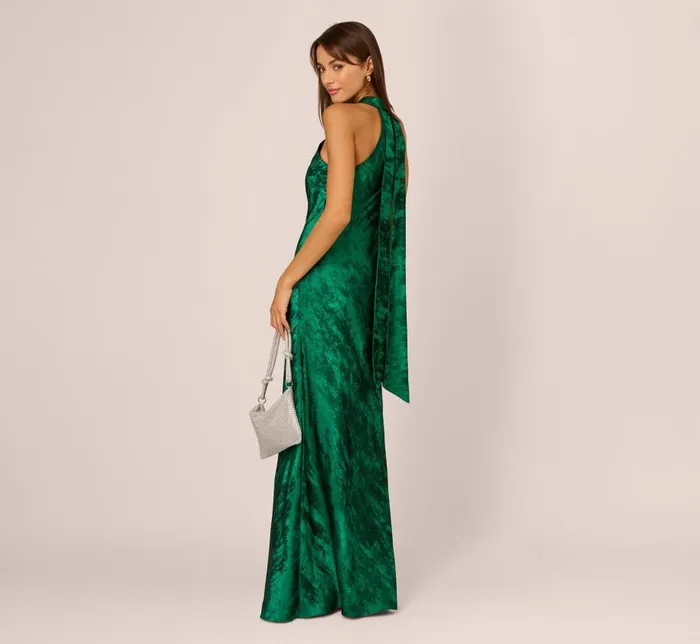Long Dresses Womens Adrianna Papell Metallic Chiffon Halter Gown In Green