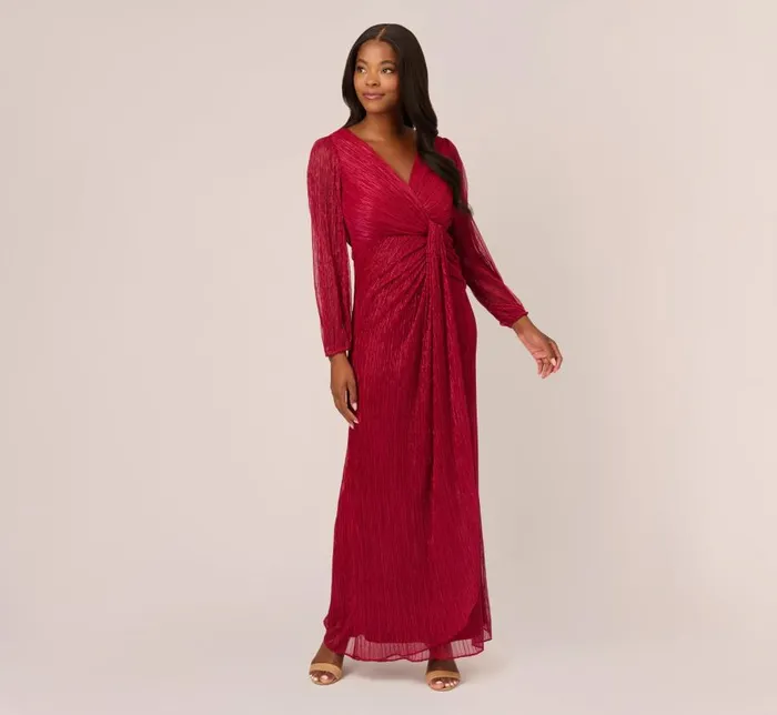 Long Dresses Womens Adrianna Papell Metallic Crinkled Mesh Draped Long Gown In Scarlet Long Dresses Womens Adrianna Papell Metallic Crinkled Mesh Draped Long Gown In Scarlet
