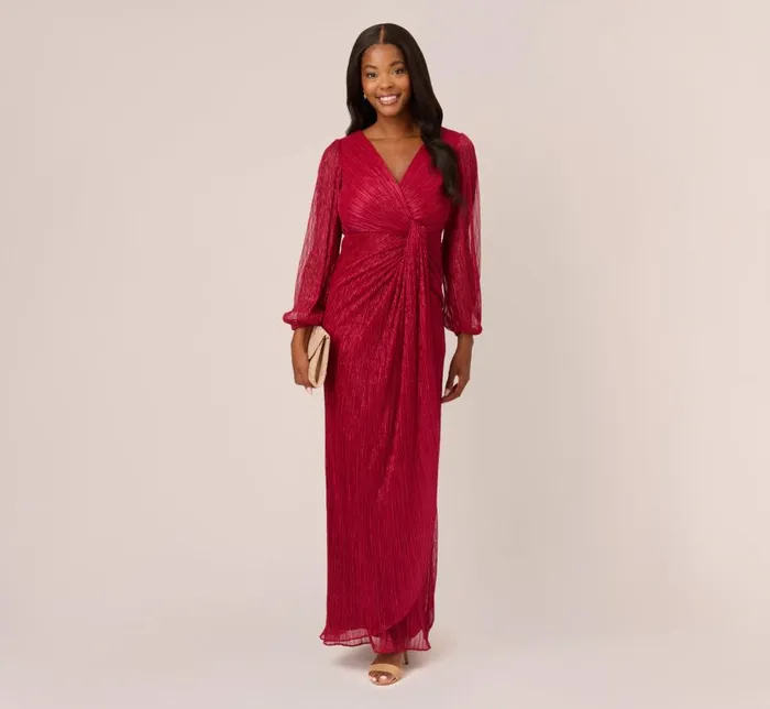 Long Dresses Womens Adrianna Papell Metallic Crinkled Mesh Draped Long Gown In Scarlet