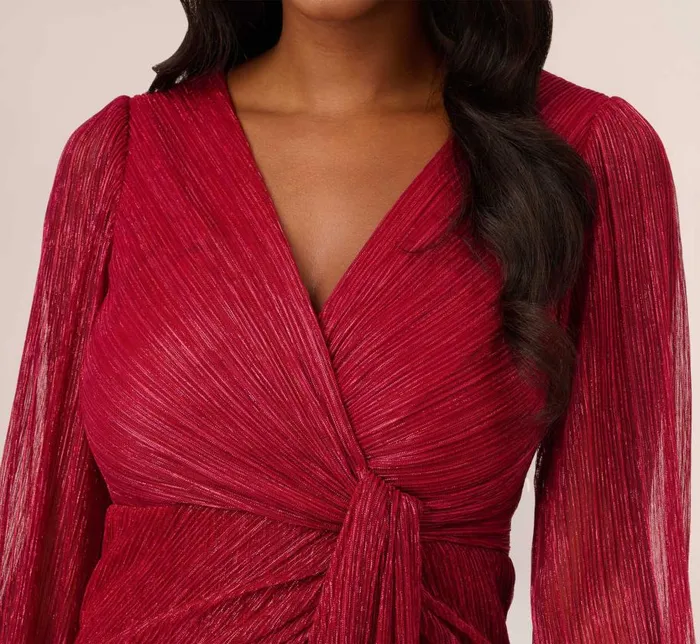 Long Dresses Womens Adrianna Papell Metallic Crinkled Mesh Draped Long Gown In Scarlet