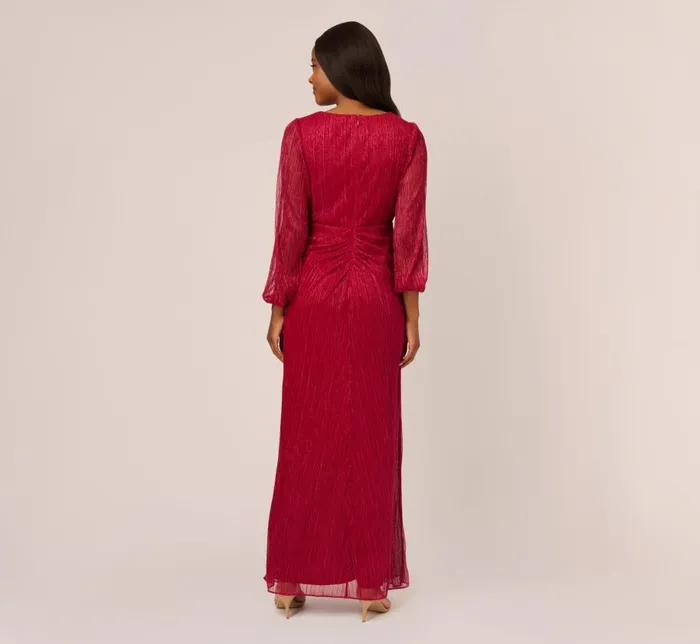 Long Dresses Womens Adrianna Papell Metallic Crinkled Mesh Draped Long Gown In Scarlet