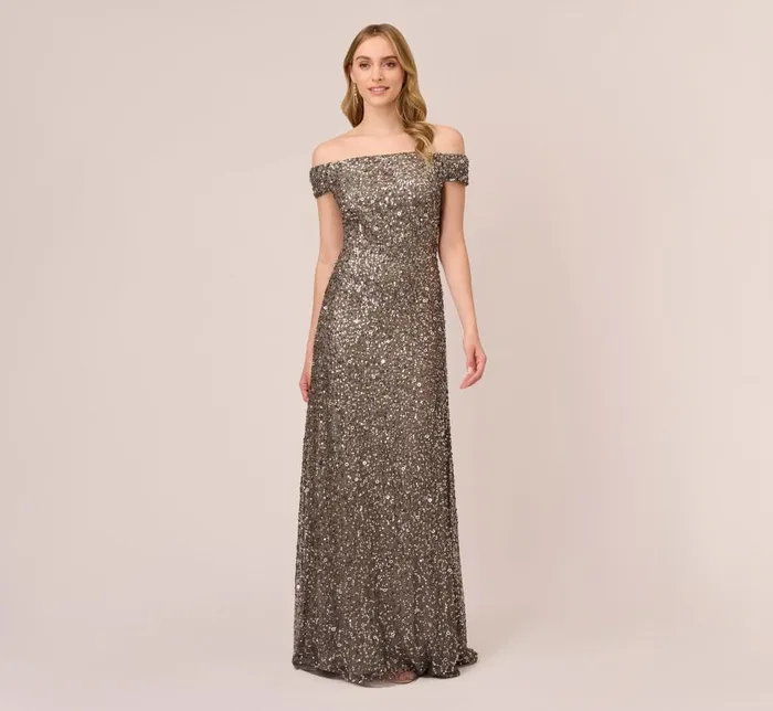 Long Dresses Womens Adrianna Papell Off The Shoulder Sequin Beaded Gown In Lead Long Dresses Womens Adrianna Papell Off The Shoulder Sequin Beaded Gown In Lead