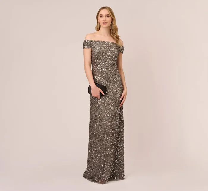 Long Dresses Womens Adrianna Papell Off The Shoulder Sequin Beaded Gown In Lead