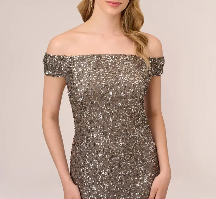 Long Dresses Womens Adrianna Papell Off The Shoulder Sequin Beaded Gown In Lead
