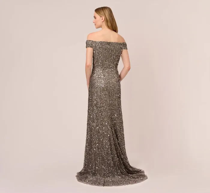Long Dresses Womens Adrianna Papell Off The Shoulder Sequin Beaded Gown In Lead