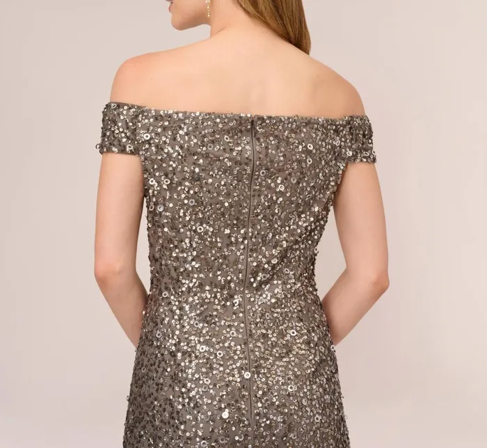 Long Dresses Womens Adrianna Papell Off The Shoulder Sequin Beaded Gown In Lead