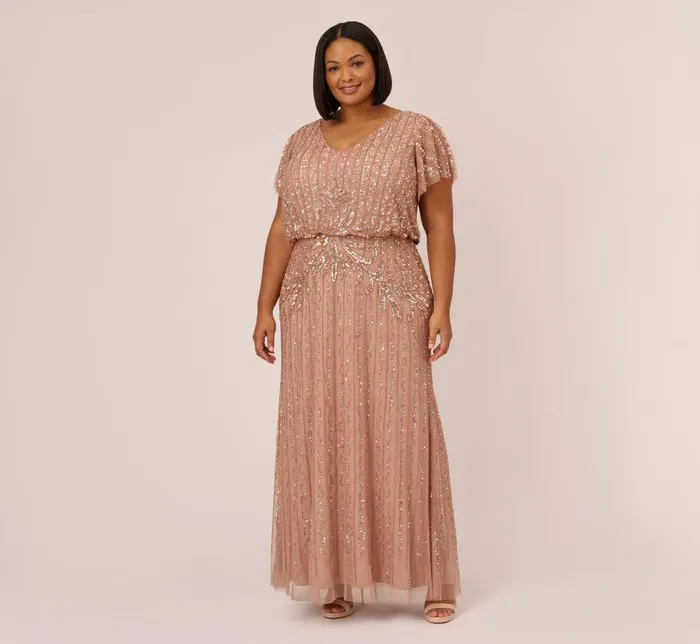 Long Dresses Womens Adrianna Papell Plus Size Fleur Beaded Blouson Gown With Sheer Short Sleeves In Rose Gold Long Dresses Womens Adrianna Papell Plus Size Fleur Beaded Blouson Gown With Sheer Short Sleeves In Rose Gold
