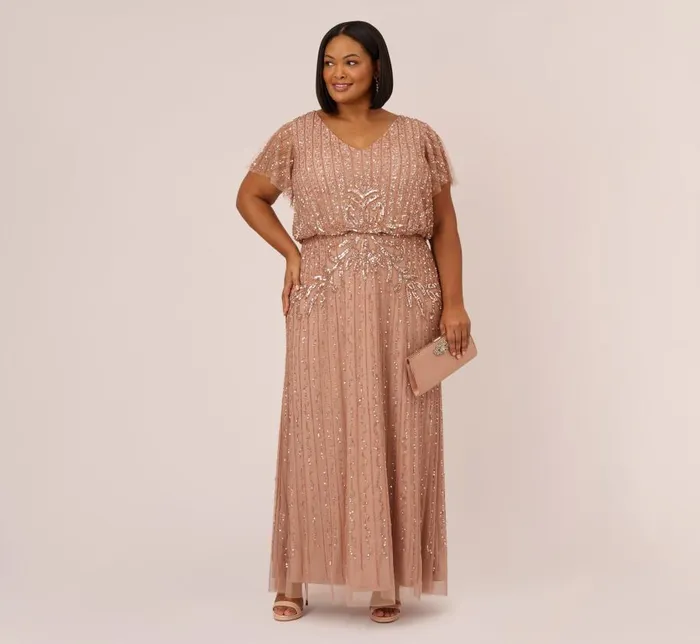 Long Dresses Womens Adrianna Papell Plus Size Fleur Beaded Blouson Gown With Sheer Short Sleeves In Rose Gold