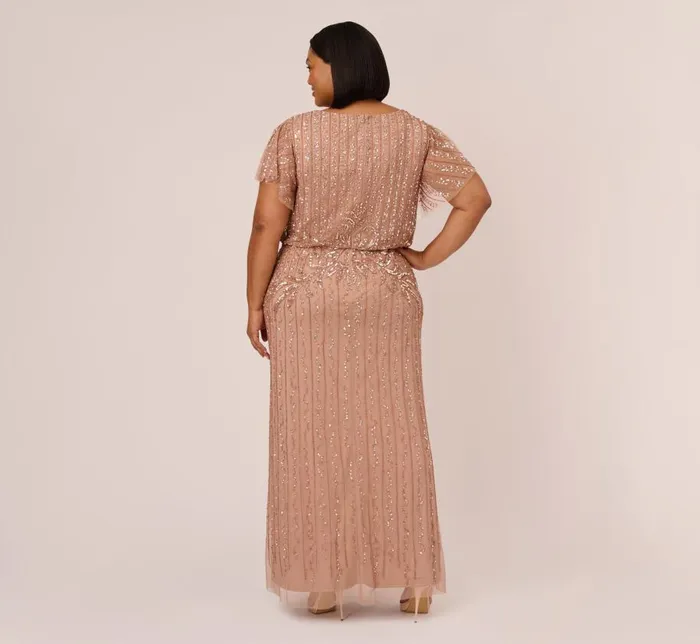 Long Dresses Womens Adrianna Papell Plus Size Fleur Beaded Blouson Gown With Sheer Short Sleeves In Rose Gold