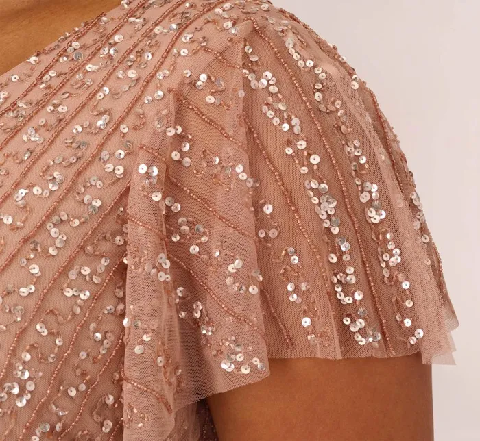 Long Dresses Womens Adrianna Papell Plus Size Fleur Beaded Blouson Gown With Sheer Short Sleeves In Rose Gold