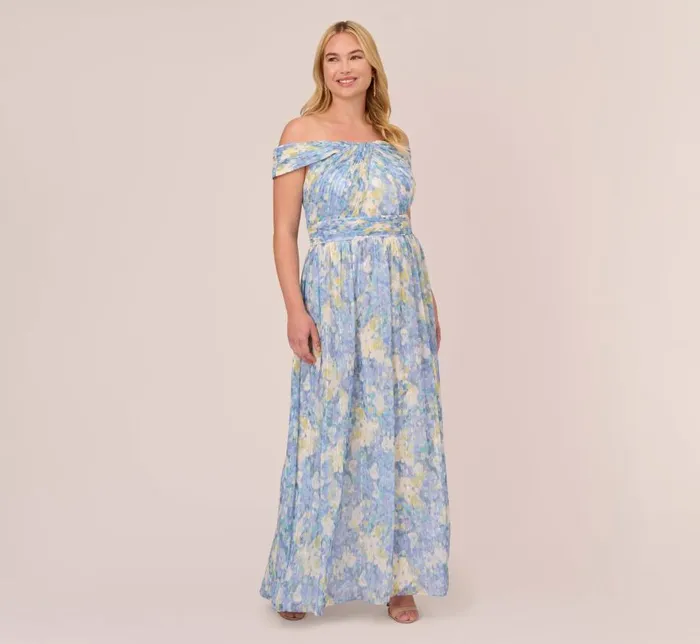 Long Dresses Womens Adrianna Papell Plus Size Watercolor Floral Print Gown With Off The Shoulder Neckline In Blue Multi Long Dresses Womens Adrianna Papell Plus Size Watercolor Floral Print Gown With Off The Shoulder Neckline In Blue Multi