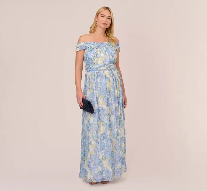 Long Dresses Womens Adrianna Papell Plus Size Watercolor Floral Print Gown With Off The Shoulder Neckline In Blue Multi