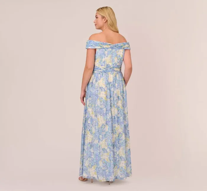 Long Dresses Womens Adrianna Papell Plus Size Watercolor Floral Print Gown With Off The Shoulder Neckline In Blue Multi