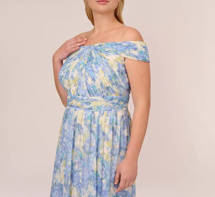 Long Dresses Womens Adrianna Papell Plus Size Watercolor Floral Print Gown With Off The Shoulder Neckline In Blue Multi