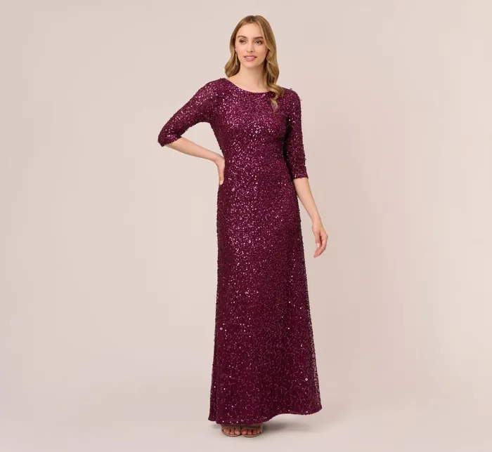 Long Dresses Womens Adrianna Papell Scoop Back Sequin Gown With Three Quarter Sleeves In Cabernet Long Dresses Womens Adrianna Papell Scoop Back Sequin Gown With Three Quarter Sleeves In Cabernet