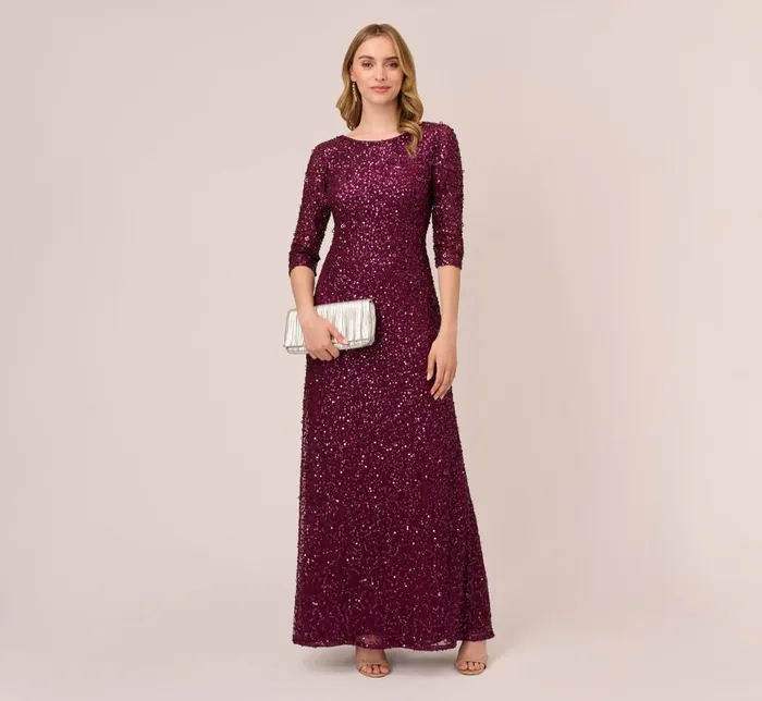 Long Dresses Womens Adrianna Papell Scoop Back Sequin Gown With Three Quarter Sleeves In Cabernet