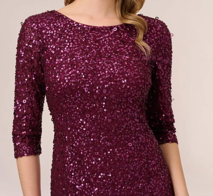Long Dresses Womens Adrianna Papell Scoop Back Sequin Gown With Three Quarter Sleeves In Cabernet