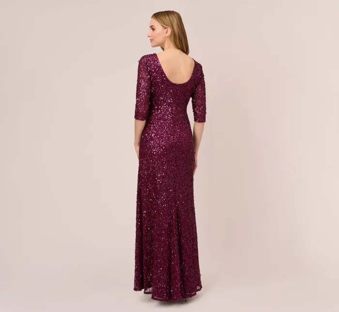 Long Dresses Womens Adrianna Papell Scoop Back Sequin Gown With Three Quarter Sleeves In Cabernet