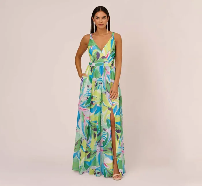 Long Dresses Womens Adrianna Papell Tropical Printed Chiffon Dress With Wrap Details In Green Multi Long Dresses Womens Adrianna Papell Tropical Printed Chiffon Dress With Wrap Details In Green Multi