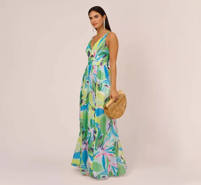 Long Dresses Womens Adrianna Papell Tropical Printed Chiffon Dress With Wrap Details In Green Multi