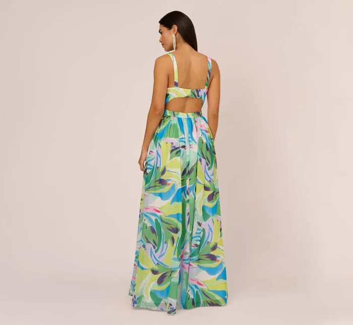 Long Dresses Womens Adrianna Papell Tropical Printed Chiffon Dress With Wrap Details In Green Multi