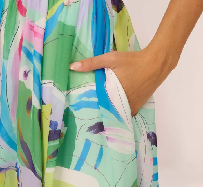 Long Dresses Womens Adrianna Papell Tropical Printed Chiffon Dress With Wrap Details In Green Multi
