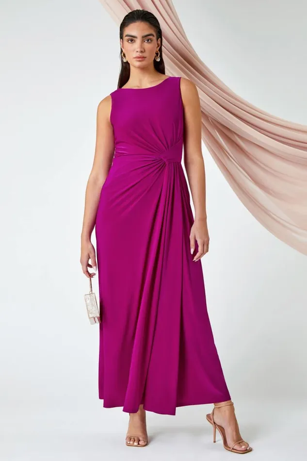 Magenta Drape Twist Maxi Stretch Dress Women Roman Dresses