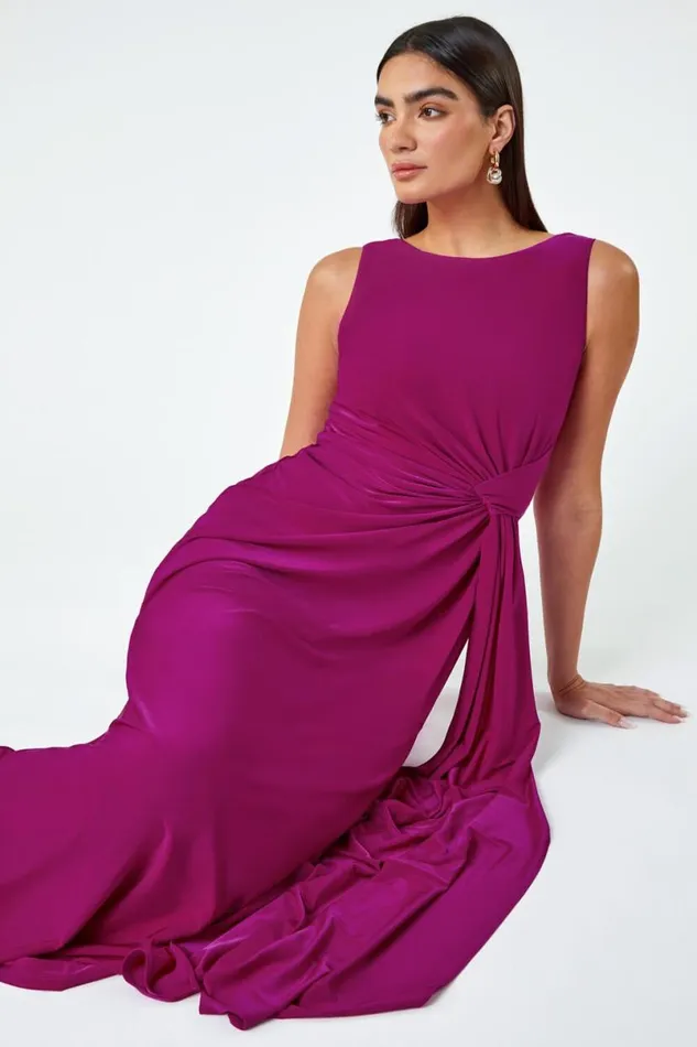 Magenta Drape Twist Maxi Stretch Dress Women Roman Dresses