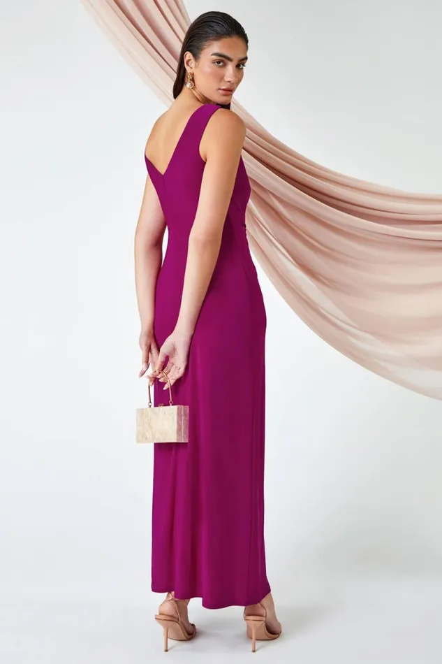 Magenta Drape Twist Maxi Stretch Dress Women Roman Dresses