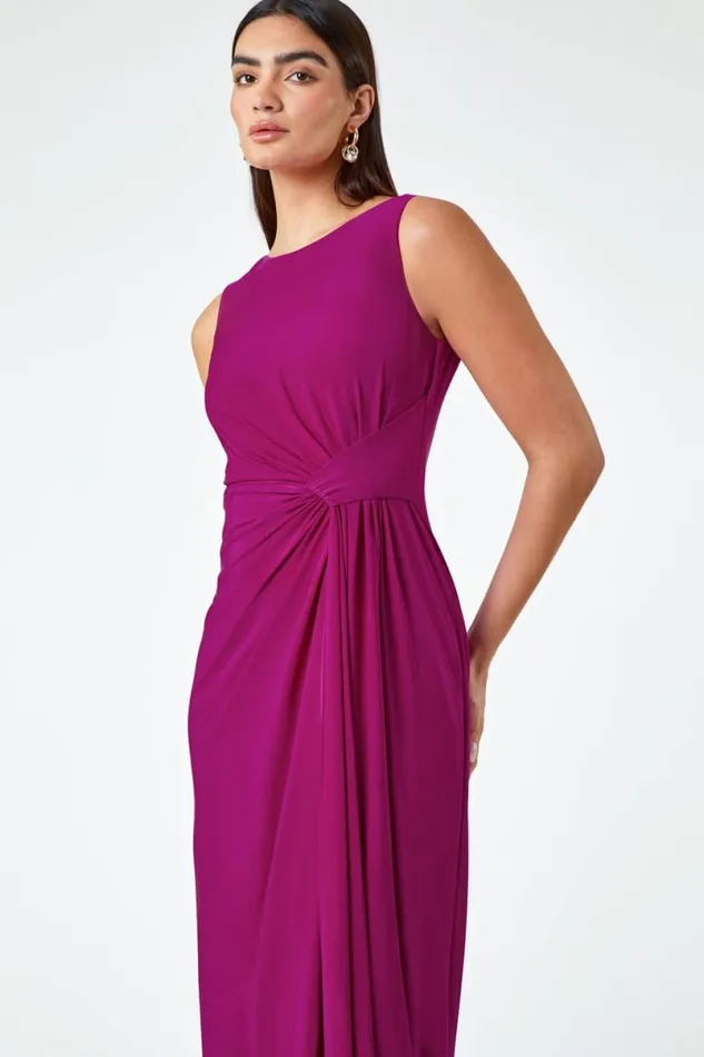 Magenta Drape Twist Maxi Stretch Dress Women Roman Dresses