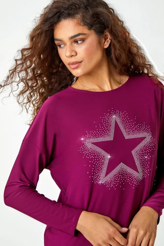 Magenta Embellished Star Print Stretch Top Women Roman Tops