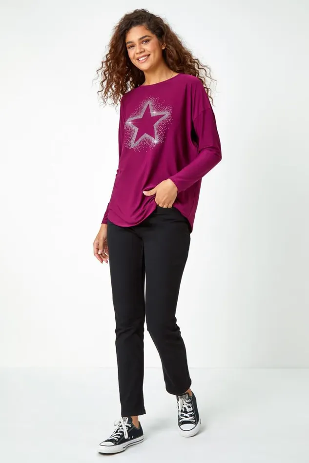 Magenta Embellished Star Print Stretch Top Women Roman Tops