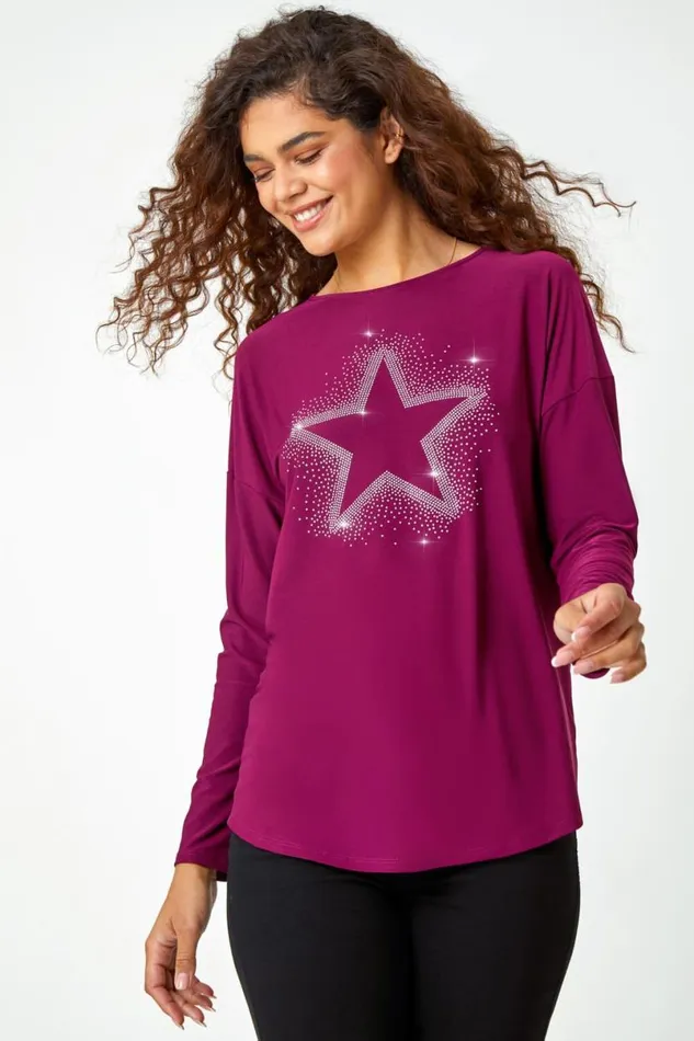 Magenta Embellished Star Print Stretch Top Women Roman Tops