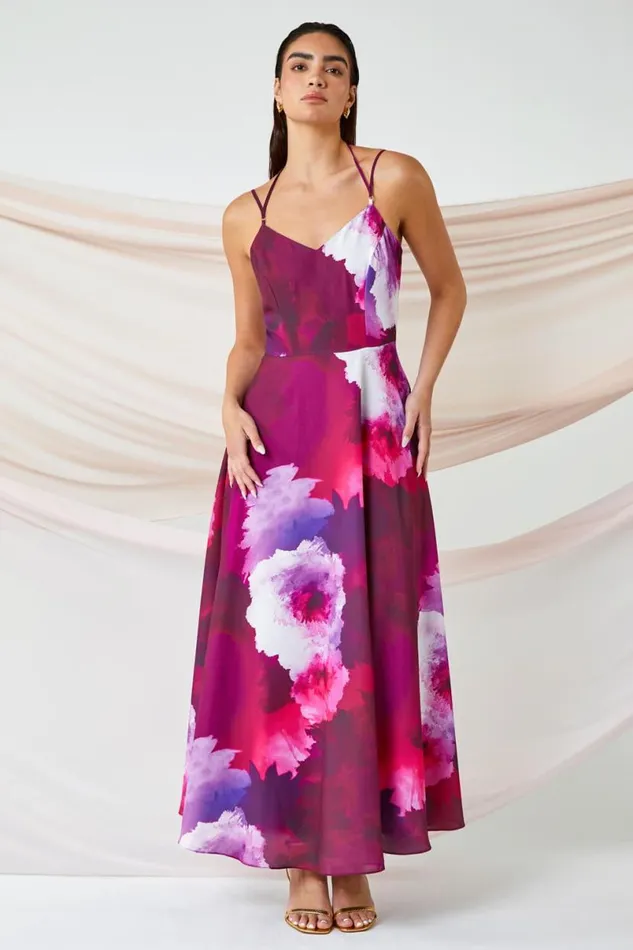 Magenta Luxe Floral Fit and Flare Maxi Dress Women Roman Dresses