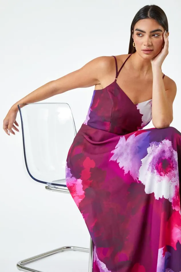 Magenta Luxe Floral Fit and Flare Maxi Dress Women Roman Dresses