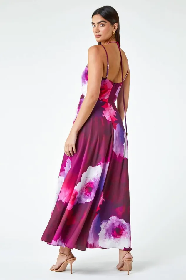Magenta Luxe Floral Fit and Flare Maxi Dress Women Roman Dresses