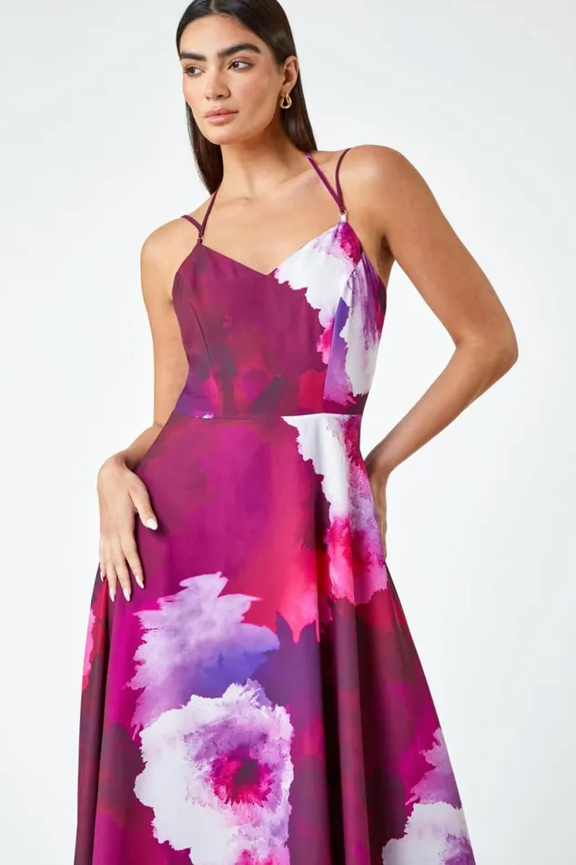 Magenta Luxe Floral Fit and Flare Maxi Dress Women Roman Dresses