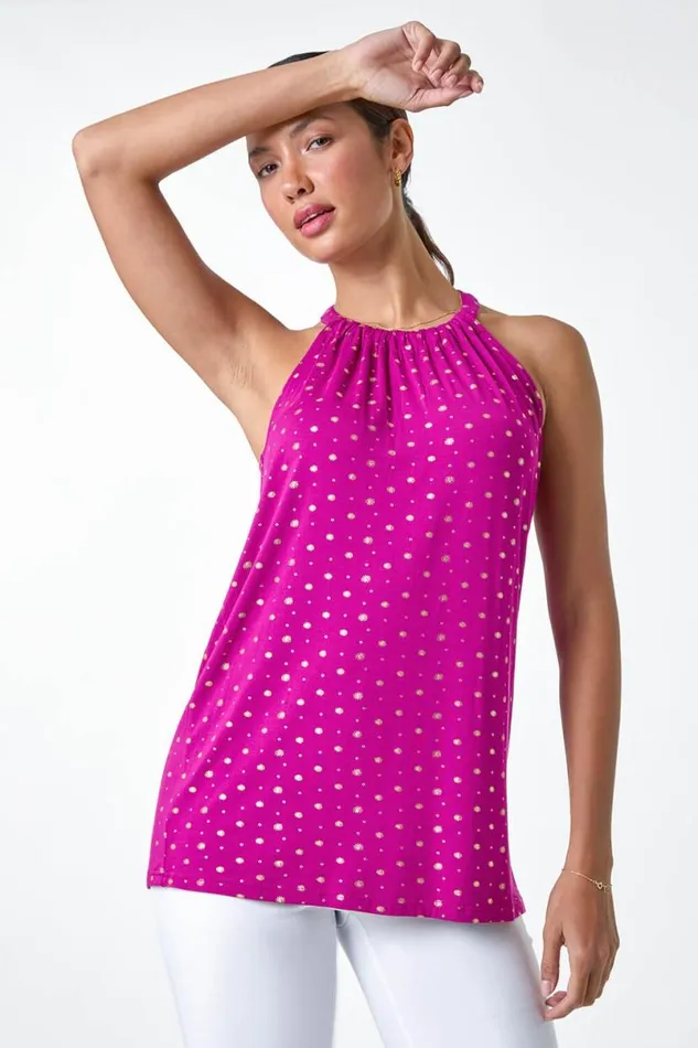 Magenta Metallic Foil Sun Halter Neck Top Women Roman Tops